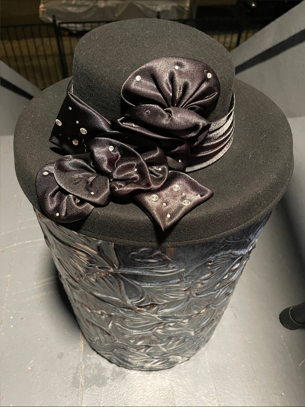 Wool Black Satin Bow Women's Dress or Church Hat